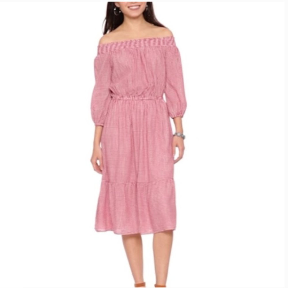 Gingham Off Shoulder 3/4 Sleeve Midi Dress Red XS